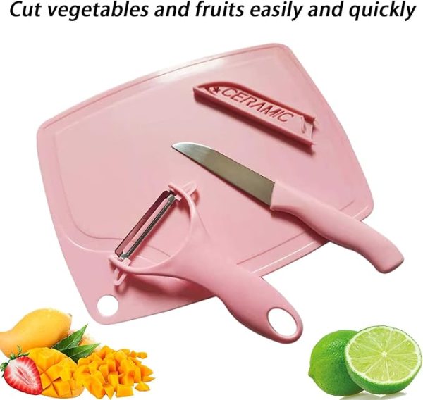 3 In 1 Ceramic Fruit Knife + Peeler + Chopping Board Set And Vagitable Cutting Set (multi Color)