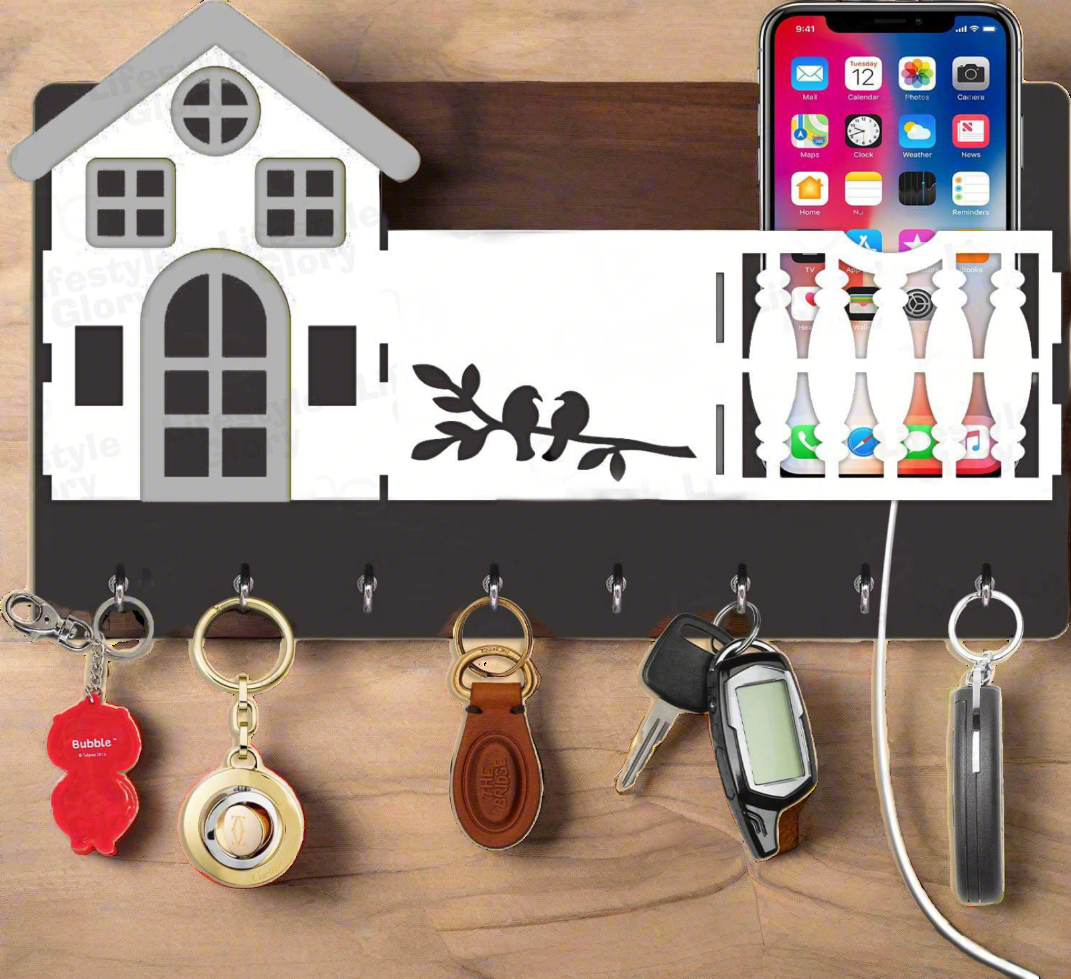 Mobile & key 3D Home Design With Sparrow Engraving Wooden Key Holder