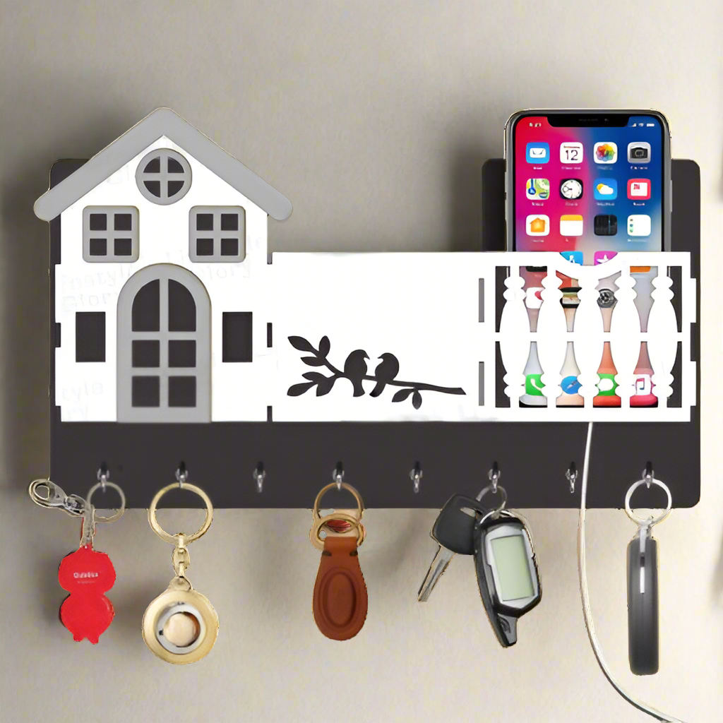 Mobile & key 3D Home Design With Sparrow Engraving Wooden Key Holder