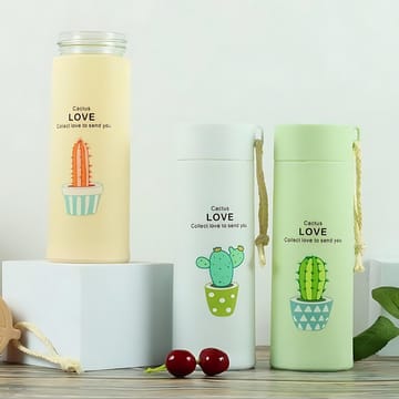 Cactus Love Print Style Glass Water Bottle – 400ml (random Color)