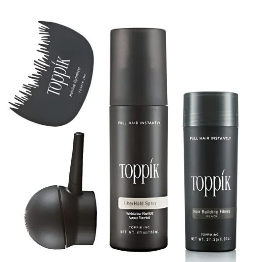 Toppik Hair Building Fiber 4-in-1 Combo Pack. This Set Includes Toppik Hair Fiber, Fiber Hold Spray, A Spray Applicator Pump, And A Hairline Optimizer Comb